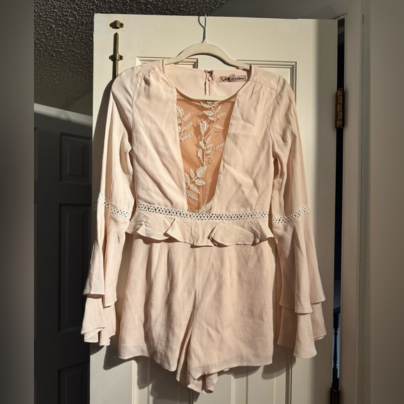 For Love And Lemons Emilia Ruffle Sleeve Romper Pink Boho Revolve Mesh XS EUC - Picture 6 of 11